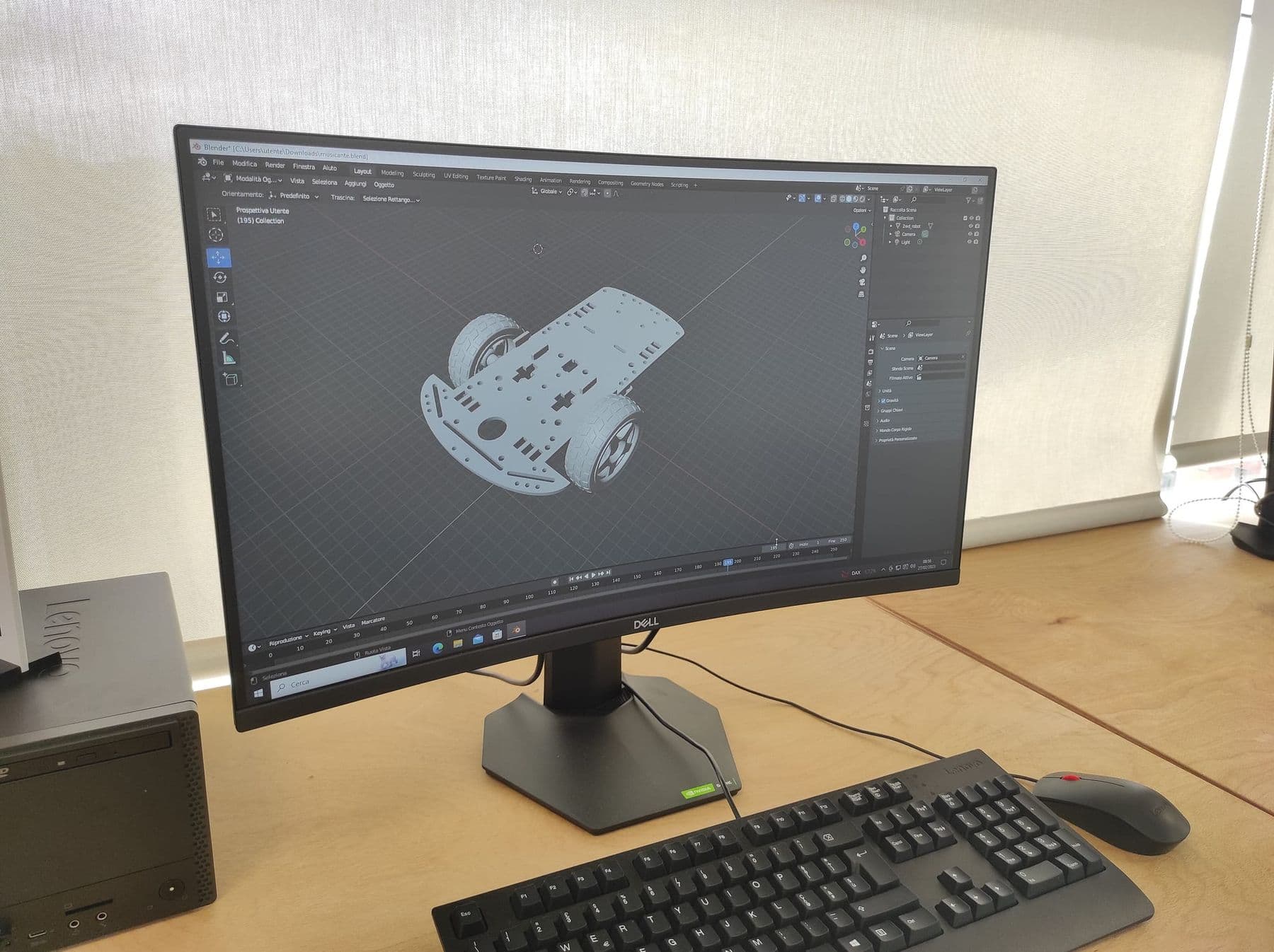 Monitor showing a robot chassis model in 3D modelling software