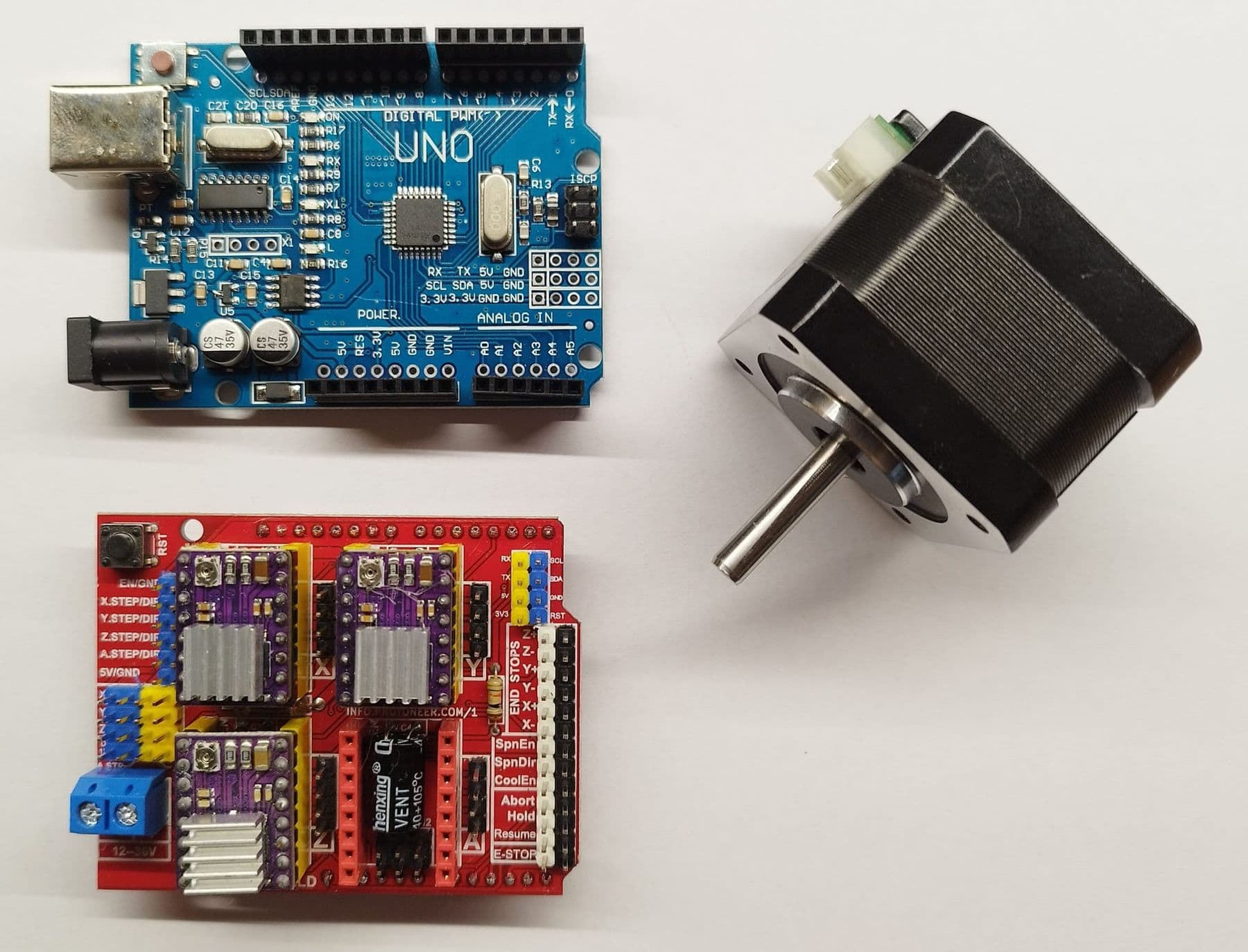 Arduino Uno compatible board, a motor driver shield and a NEMA 17 stepper motor