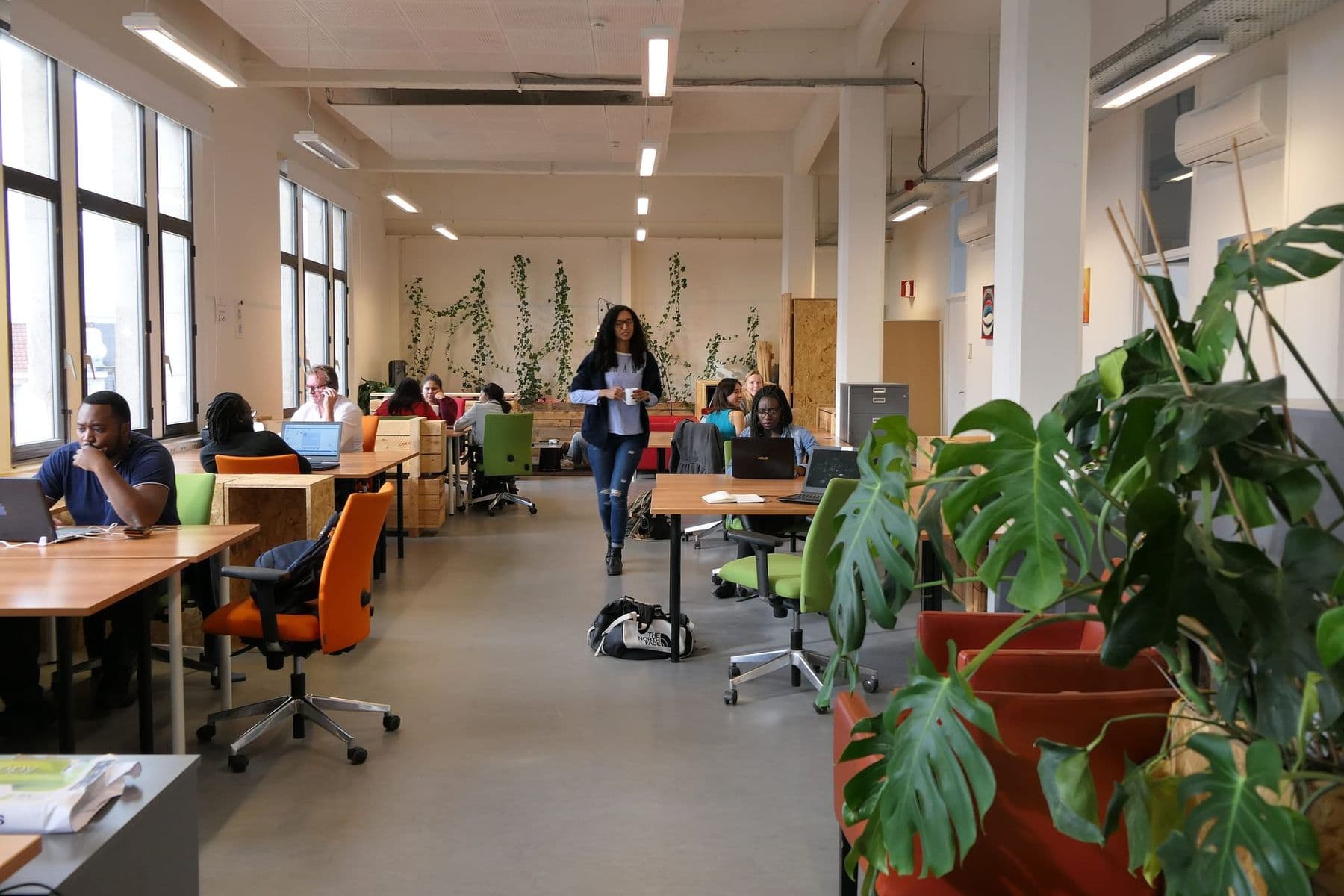 Open-plan office where people work on laptops at shared desks