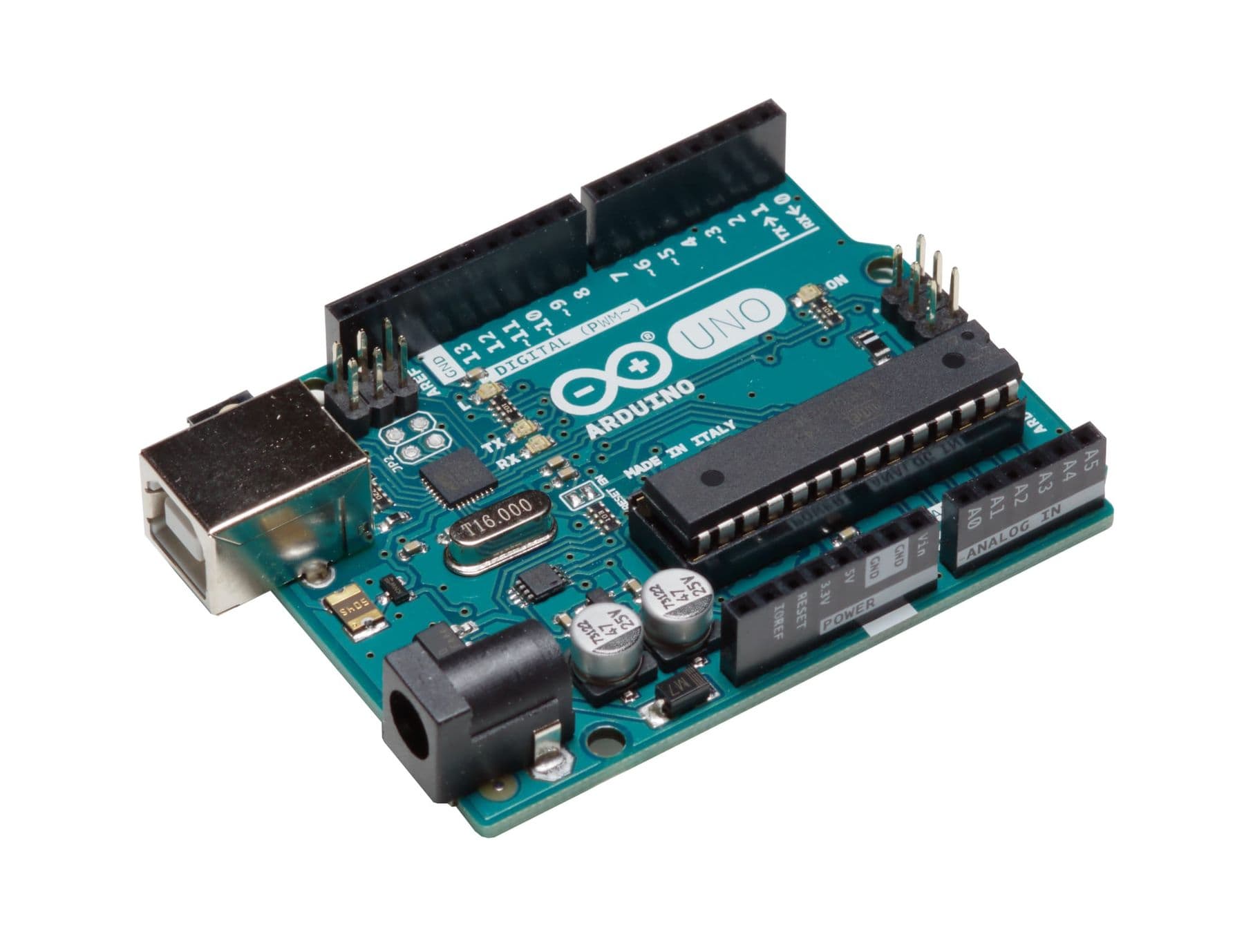 Arduino Uno R3 ზემოდან: ციფრული პინები, ანალოგური შესასვლელები და ATmega328P ჩიპი