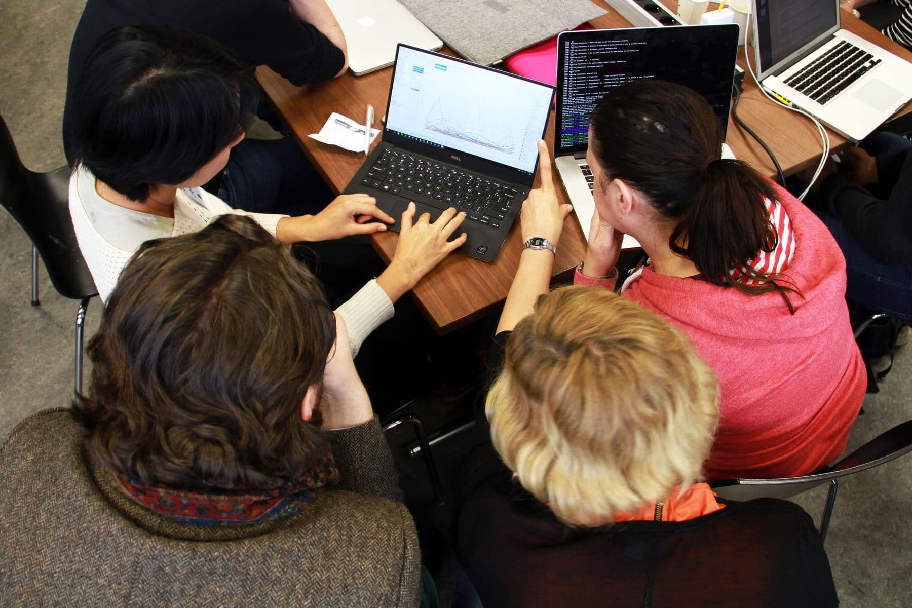 Four people work at laptops, one screen shows a data chart and another shows code